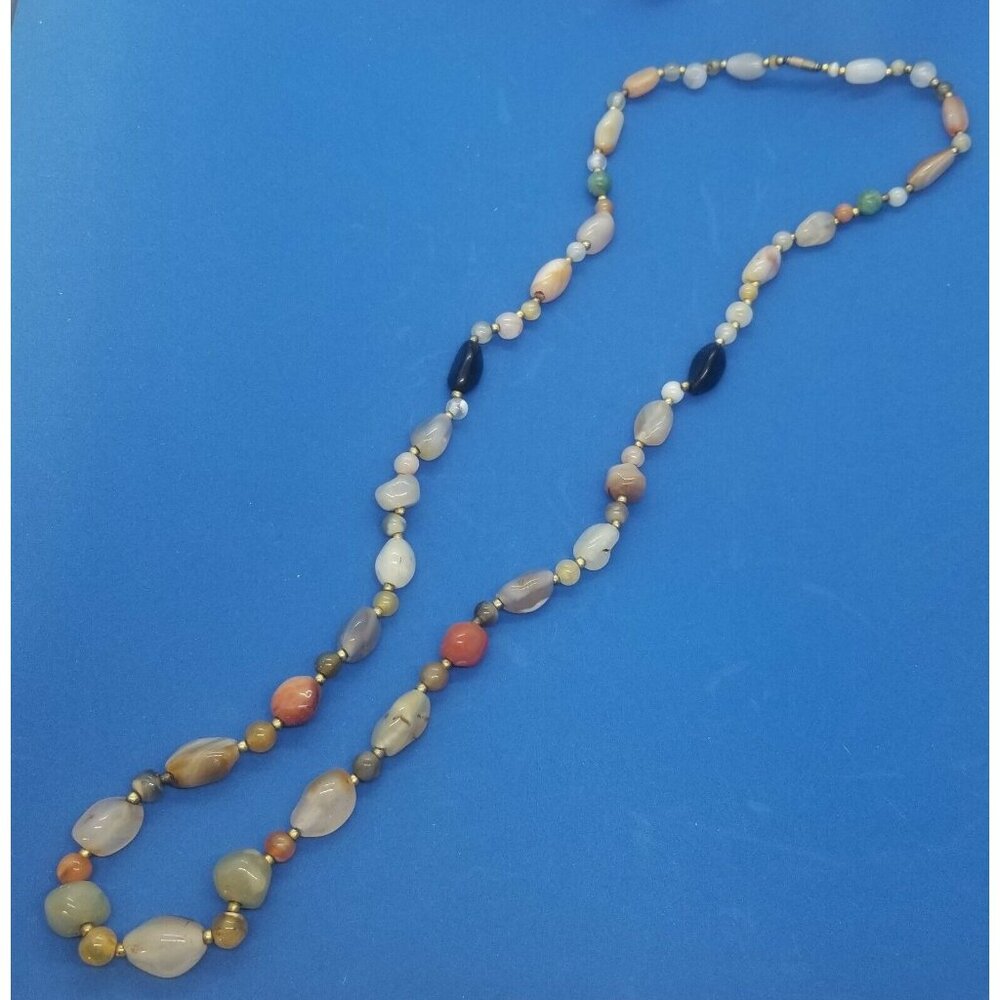Vintage Multi-Stone Long Beaded Necklace Barrel Clasp Closure